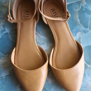 Ana Camel Rounded Closed Toe Ballet Ankle Strap Flats Size 6.5 M